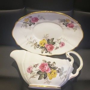 Adderley Fine Bone China ALTON Gravy Boat & Plate Pink Yellow Roses Gold Trim
